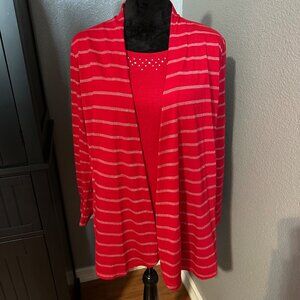 White Stag Open Front Cardigan with Attached Tank Top L Red Striped 12-14